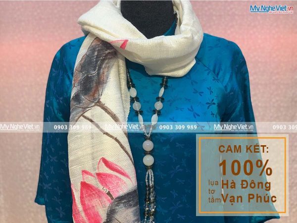 Khăn Lụa Choàng Cổ Đũi Vẽ Sen MNV-KLTA50160-10
