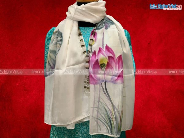 Khăn Lụa Choàng Cổ Vẽ Tay Hoa Sen MNV-KLLS09-30