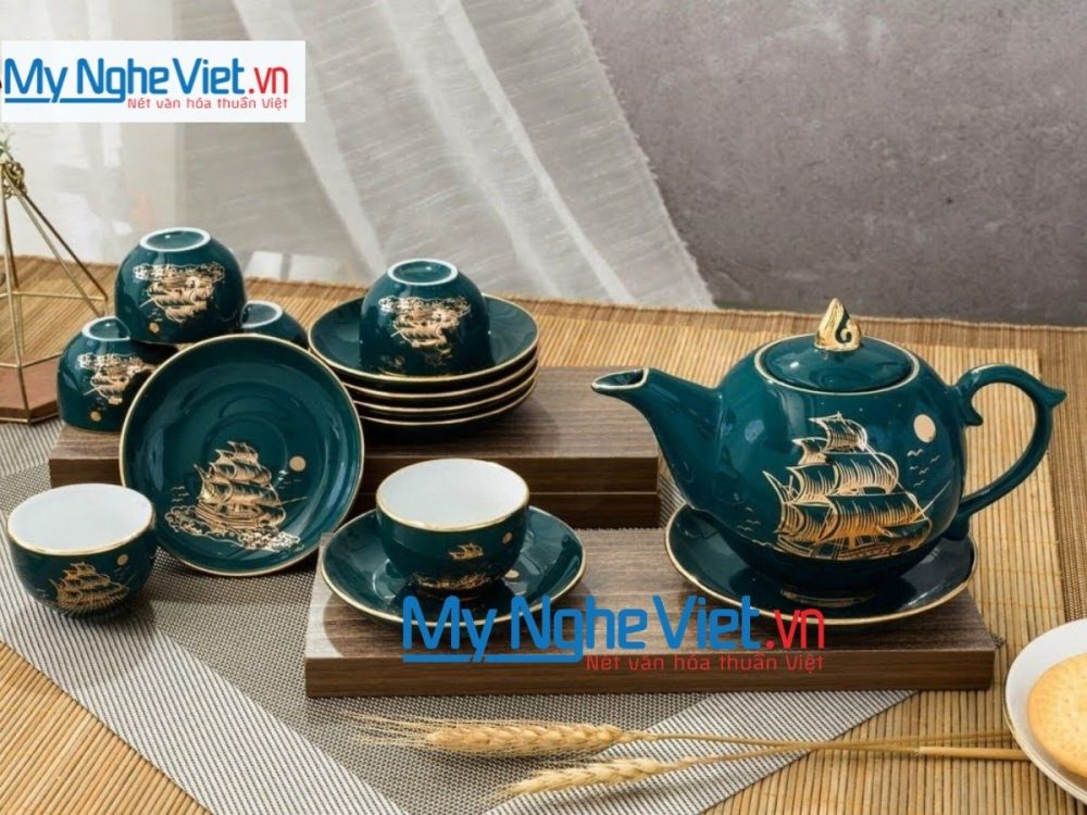 Bộ bình trà dáng ngọn đuốc thuận buồm màu cổ vịt- viền vàng kim 500ml