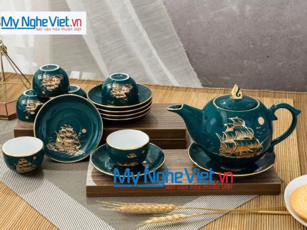Bộ bình trà dáng ngọn đuốc thuận buồm màu cổ vịt- viền vàng kim 500ml