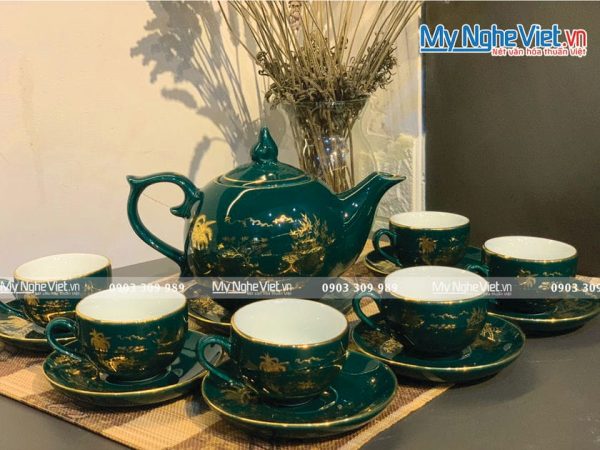 Bình trà Bát Tràng Đồng Quê Viền Kim