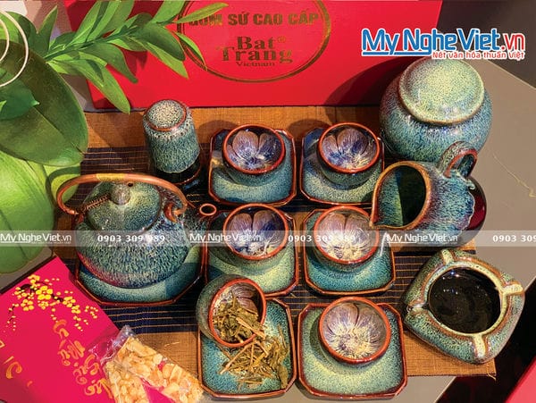 Bộ Bình Trà Men Hỏa Biến quả hồng gold + Phụ kiện