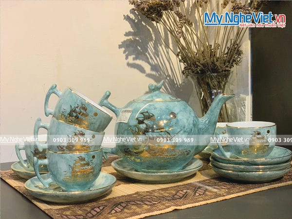 Bộ Bình Trà Dáng Bưởi Cát Tường Vàng Kim