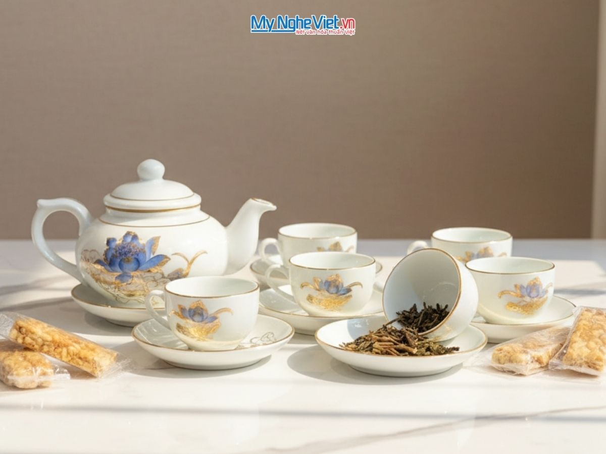 Bộ bình trà men trắng vẽ hoa sen vàng kim