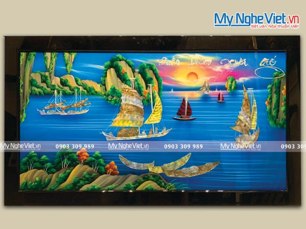 Tranh Sơn Mài Thuận Buồm Xuôi Gió cẩn nổi xanh