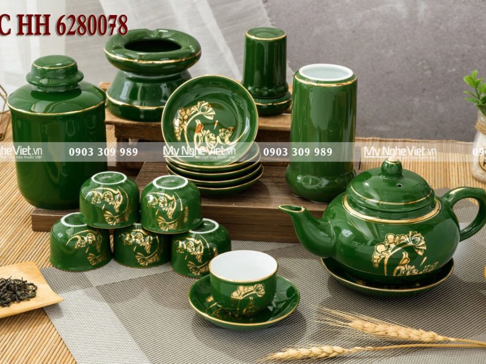 Bình trà, ấm chén Bát Tràng men xanh ngọc chữ Phúc hoa sen kèm phụ kiện cao cấp
