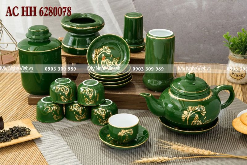 Bình trà Bát Tràng men xanh ngọc chữ Phúc hoa sen kèm phụ kiện cao cấp