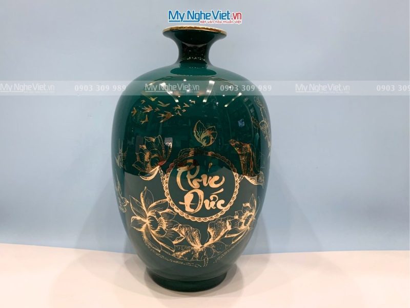 Bình Thu Tài Lộc Gốm Men Xanh Chữ "Phúc Đức" - Ảnh 2