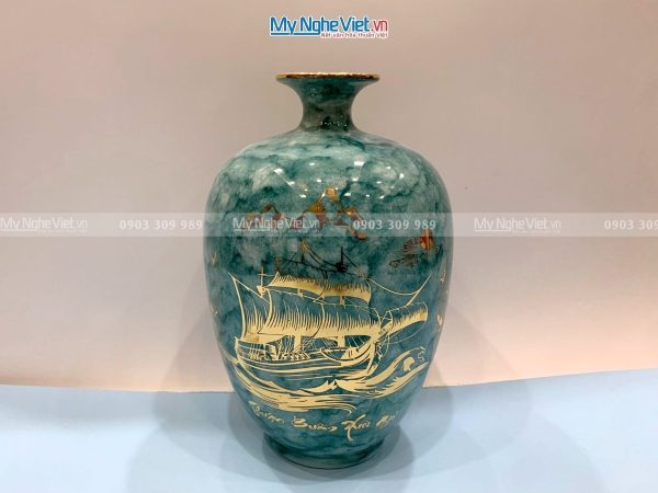 Bình Thu Tài Lộc Gốm Men Vân Đá Xanh Thuận Buồm Xuôi Gió