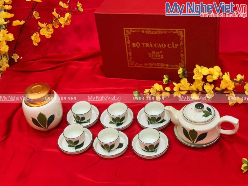 Bộ bình trà Bát Tràng Vẽ Lá Xanh - Ảnh 2