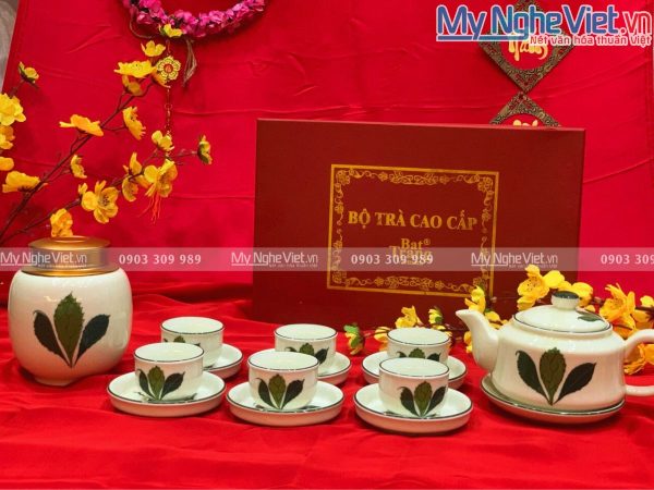 Bộ bình trà Bát Tràng Vẽ Lá Xanh