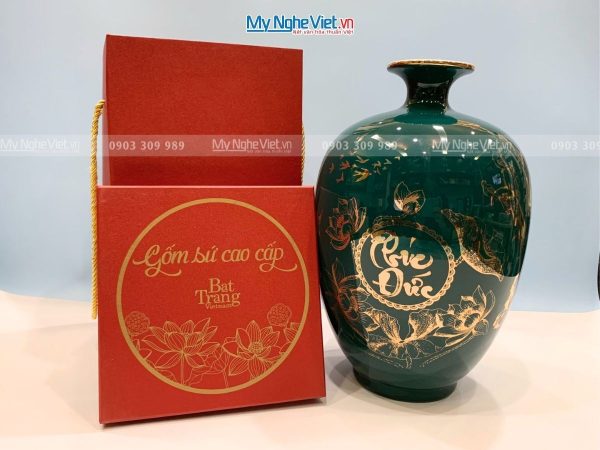 Bình Thu Tài Lộc Gốm Men Xanh Chữ "Phúc Đức"