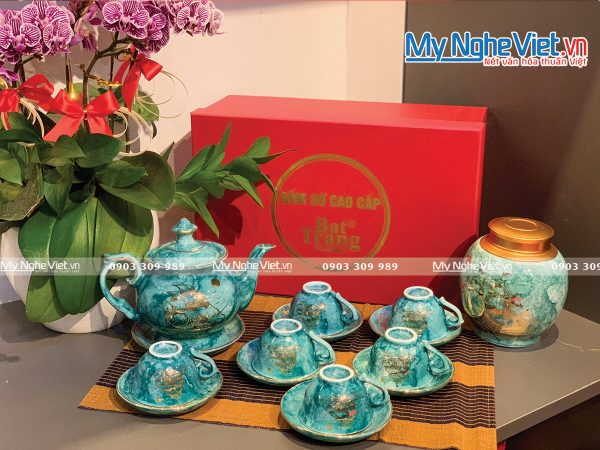 Bộ bình trà Bát Tràng Men Vân Đá Thuận Buồm Xuôi Gió
