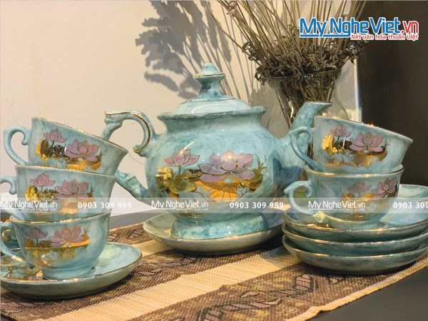Bộ bình trà Bát Tràng Men Vân Đá Hoa Sen