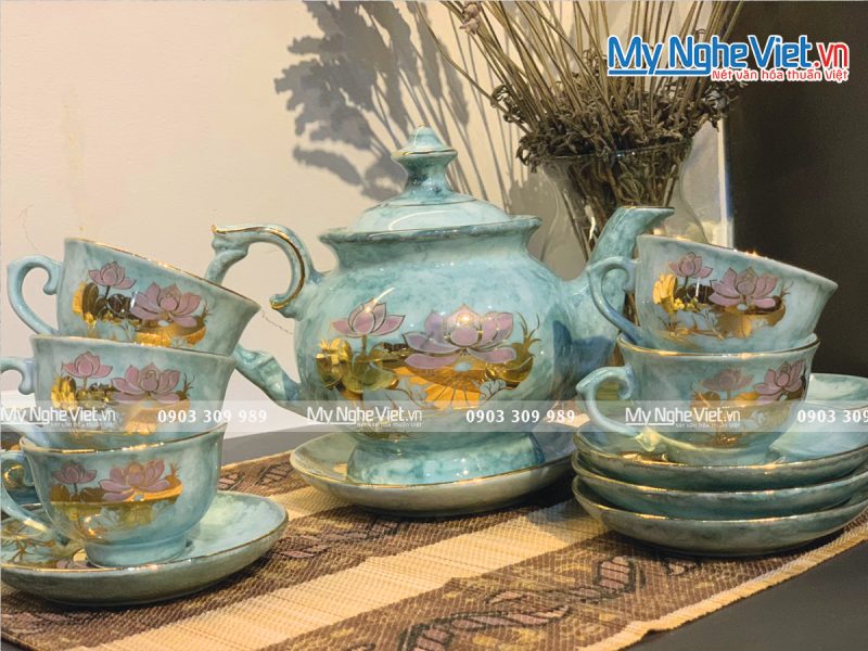 Bộ bình trà Bát Tràng Men Vân Đá Hoa Sen