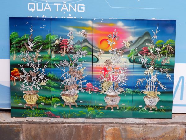 Bộ Tranh Sơn Mài Mai Lan Cúc Trúc Nền Xanh