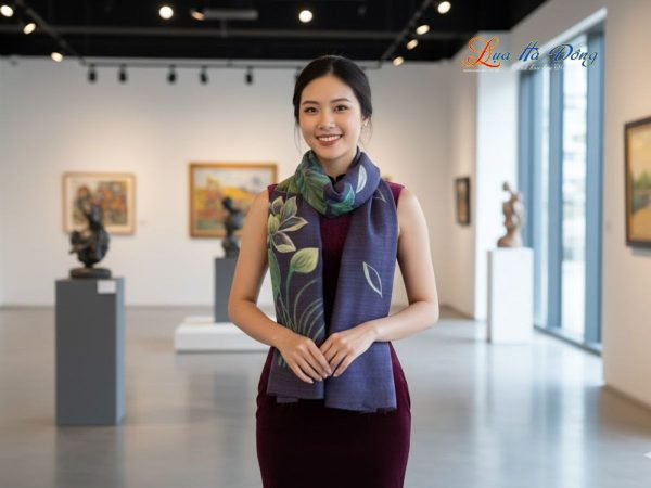 Khăn lụa Đũi xanh than vẽ sen 100% silk 80x180 tua rua KLTA80180/5