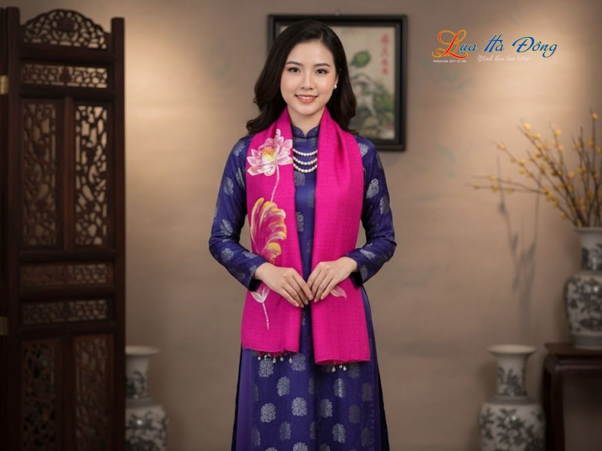 Khăn lụa Đũi tím hồng vẽ sen 100% silk 80x180 tua rua KLTA80180/6