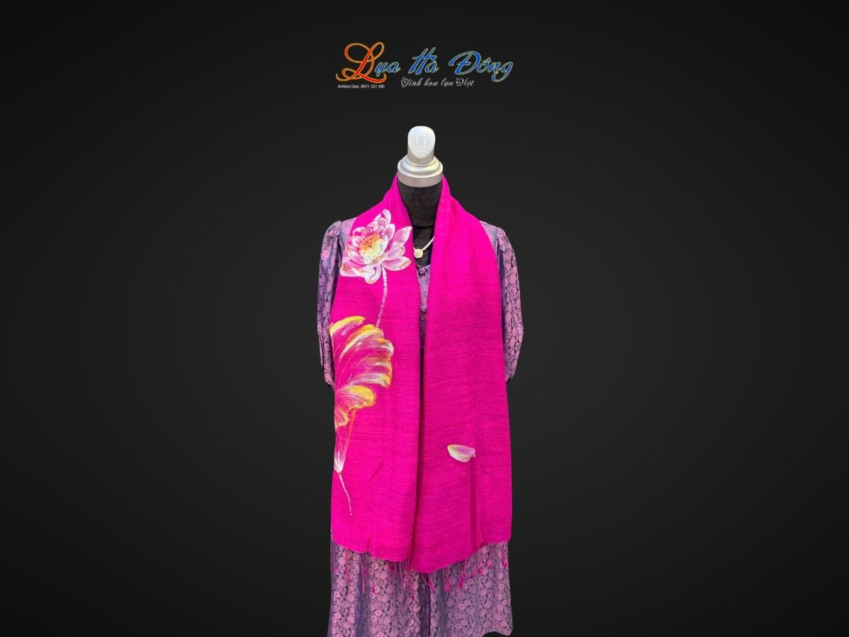 Khăn lụa Đũi tím hồng vẽ sen 100% silk 80x180 tua rua KLTA80180/6 - Ảnh 2