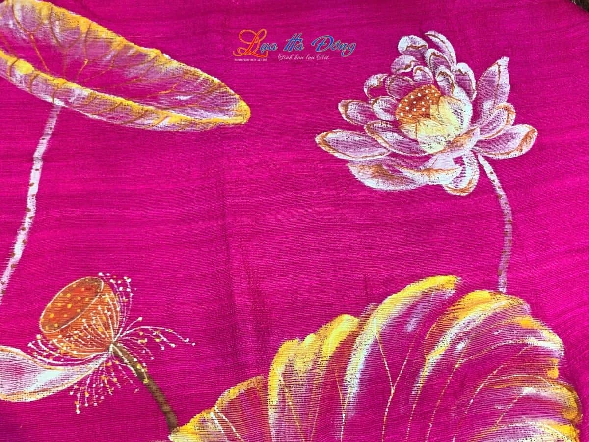 Khăn lụa Đũi tím hồng vẽ sen 100% silk 80x180 tua rua KLTA80180/6 - Ảnh 4