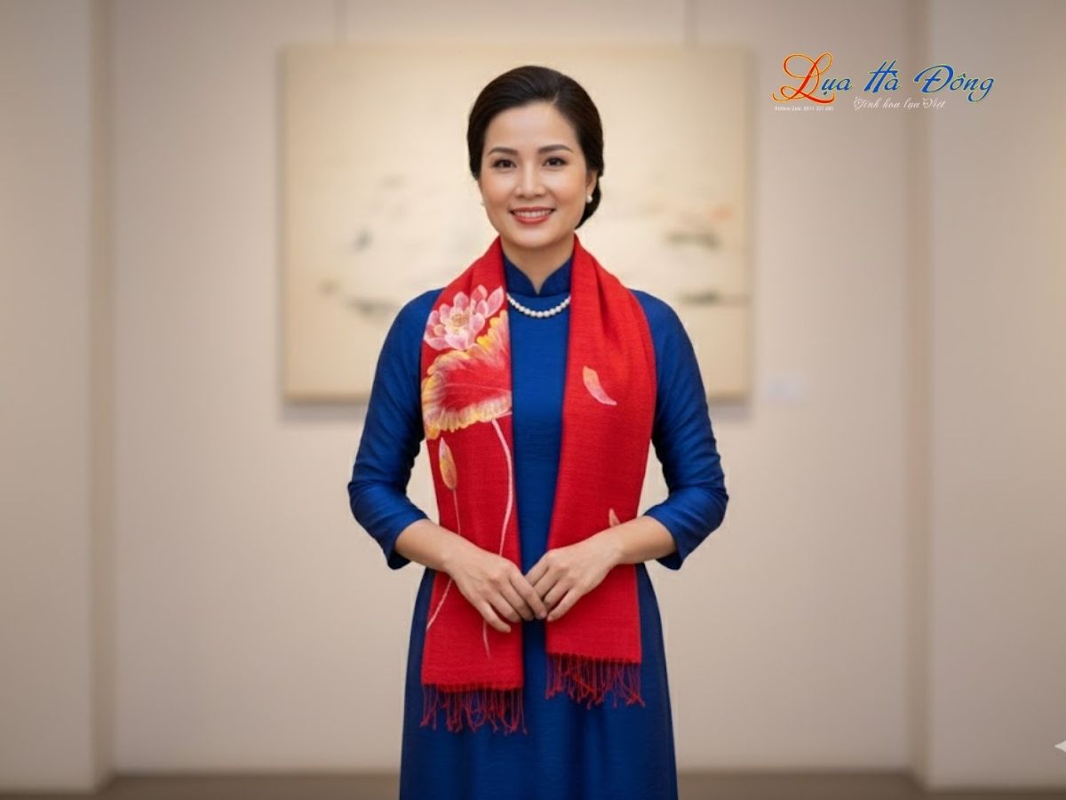 Khăn lụa Đũi đỏ tươi vẽ sen 100% silk 80x180 tua rua KLTA80180/7