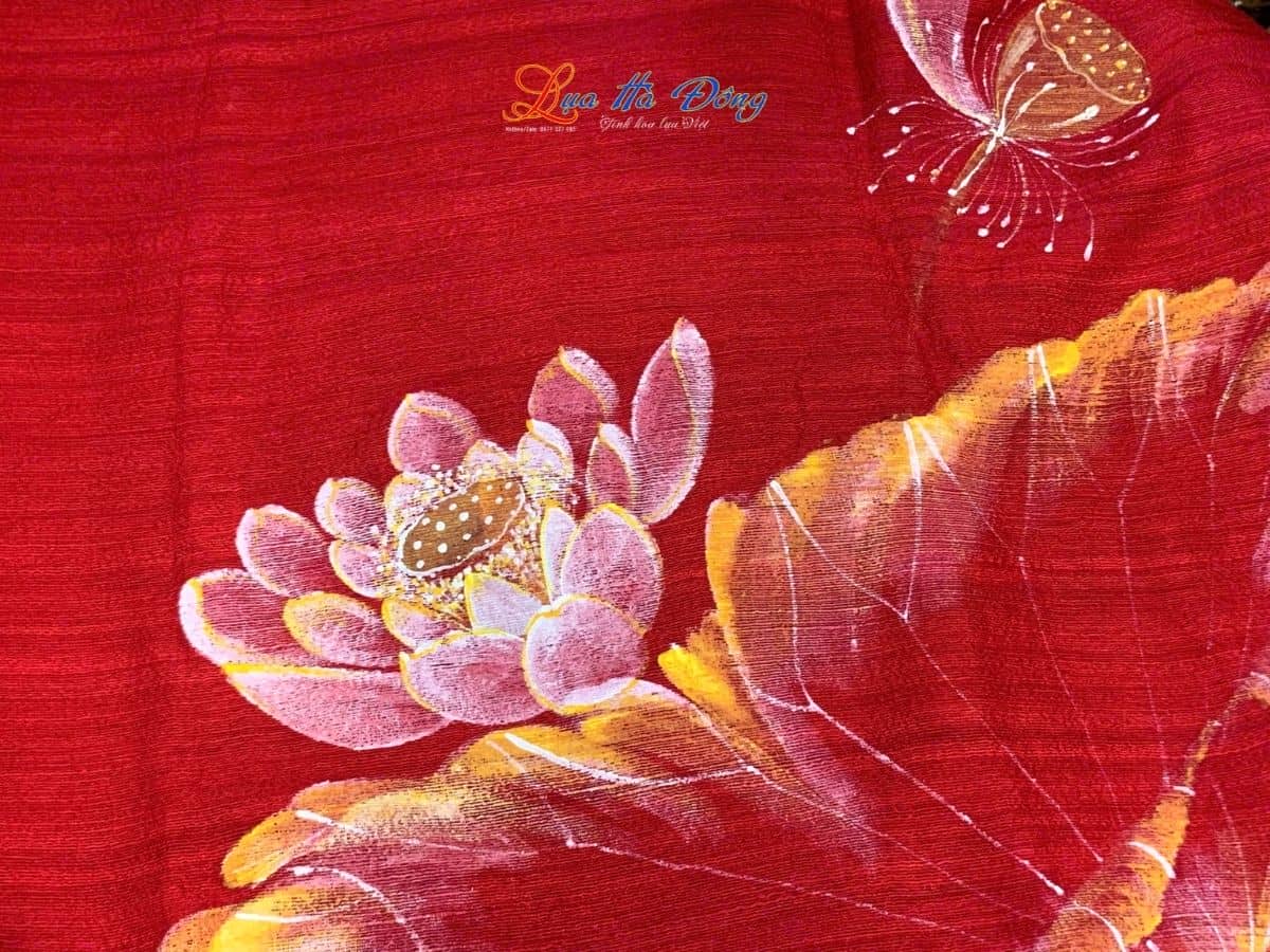 Khăn lụa Đũi đỏ tươi vẽ sen 100% silk 80x180 tua rua KLTA80180/7 - Ảnh 4