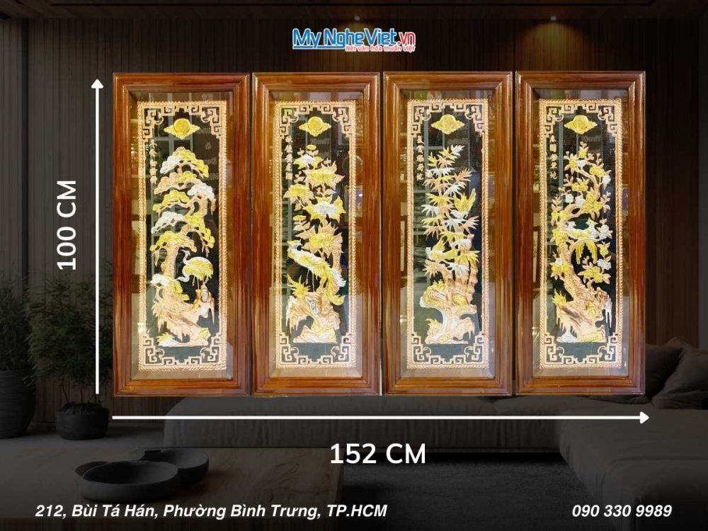 Tranh đồng Đại Bái Dát Vàng Điểm Tứ Quý Tùng Cúc Trúc Mai MNV-TD100