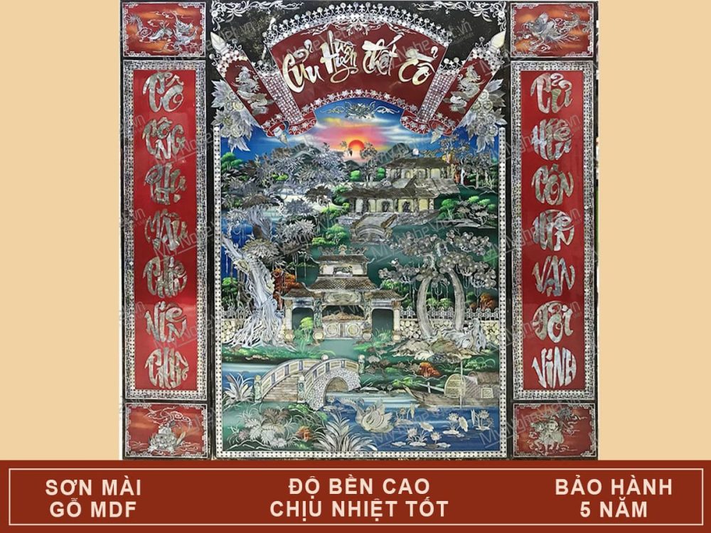 Liễn Cửu Huyền Thất Tổ - Liễn Thờ Sơn Mài 133x133cm Khảm Ốc Biển, Ốc Xà Cừ Cao Cấp SMA195-133x133