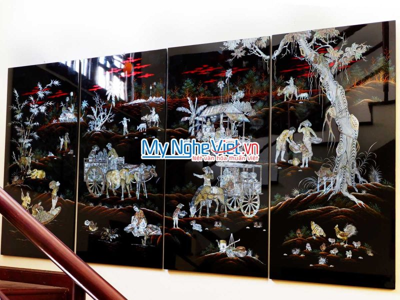Bộ Tranh sơn mài Đồng Quê cẩn chìm cao cấp MNV-TSM612-1 - Ảnh 2