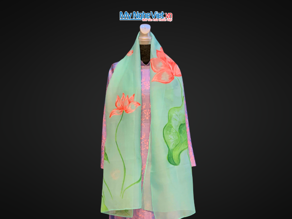 Khăn tơ organza vẽ tay màu xanh đậm 60x180 KLNL002-1
