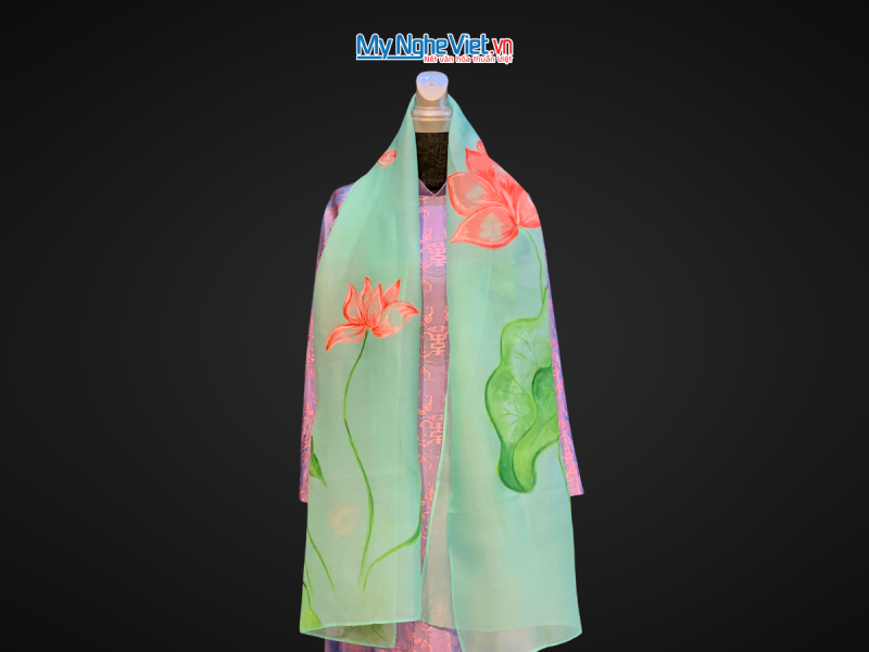Khăn tơ organza vẽ tay màu xanh đậm 60x180 KLNL002-1