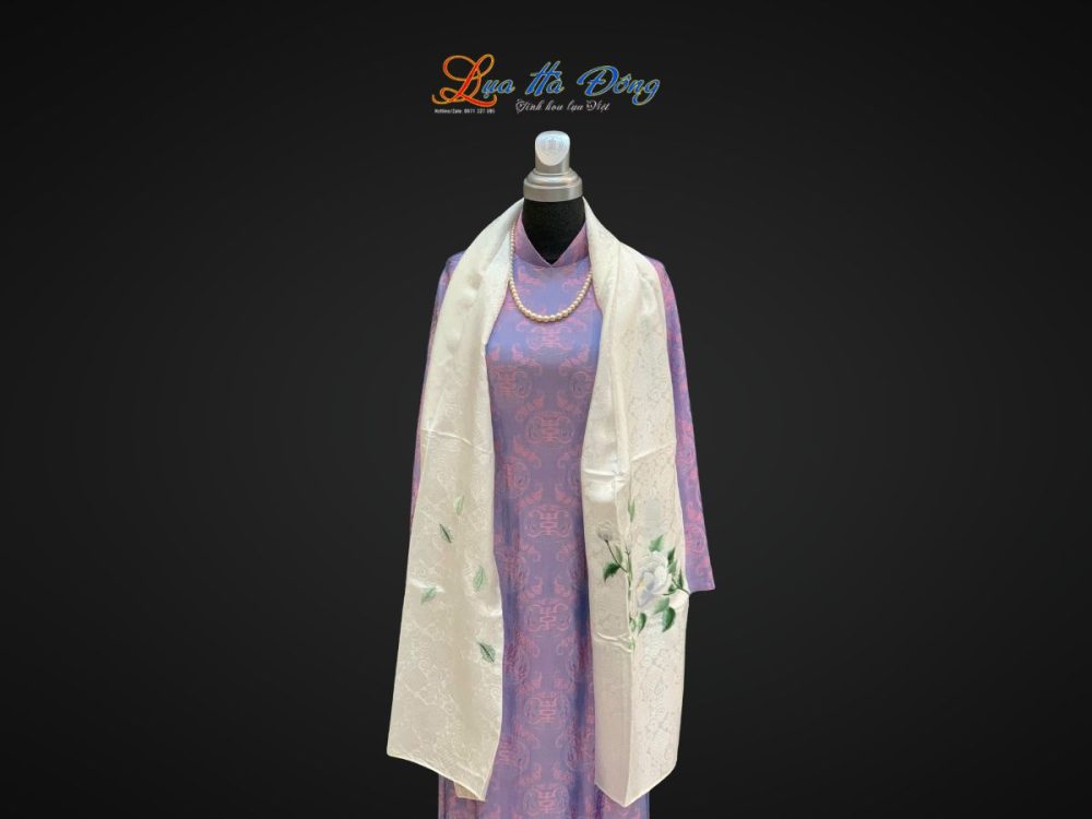 Khăn lụa thêu hoa hồng họa tiết song hỷ màu trắng 43x196cm MNV- KLTA43196-2