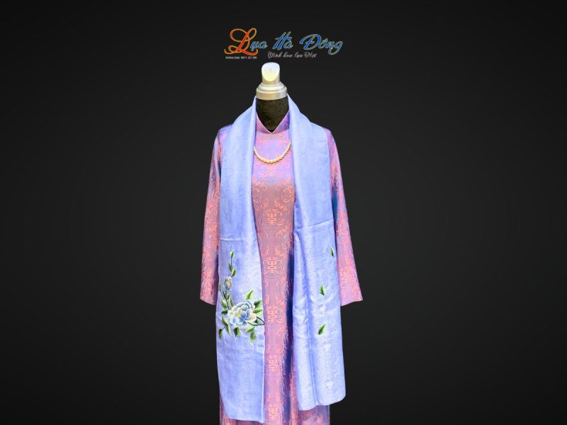 Khăn lụa thêu hoa sen xanh họa tiết sen phượng màu xanh dương nhạt 43x196 MNV- KLTA43196-4