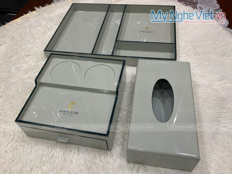 Bộ đồ dùng khách sạn sơn mài nền xám MNV-BSM05