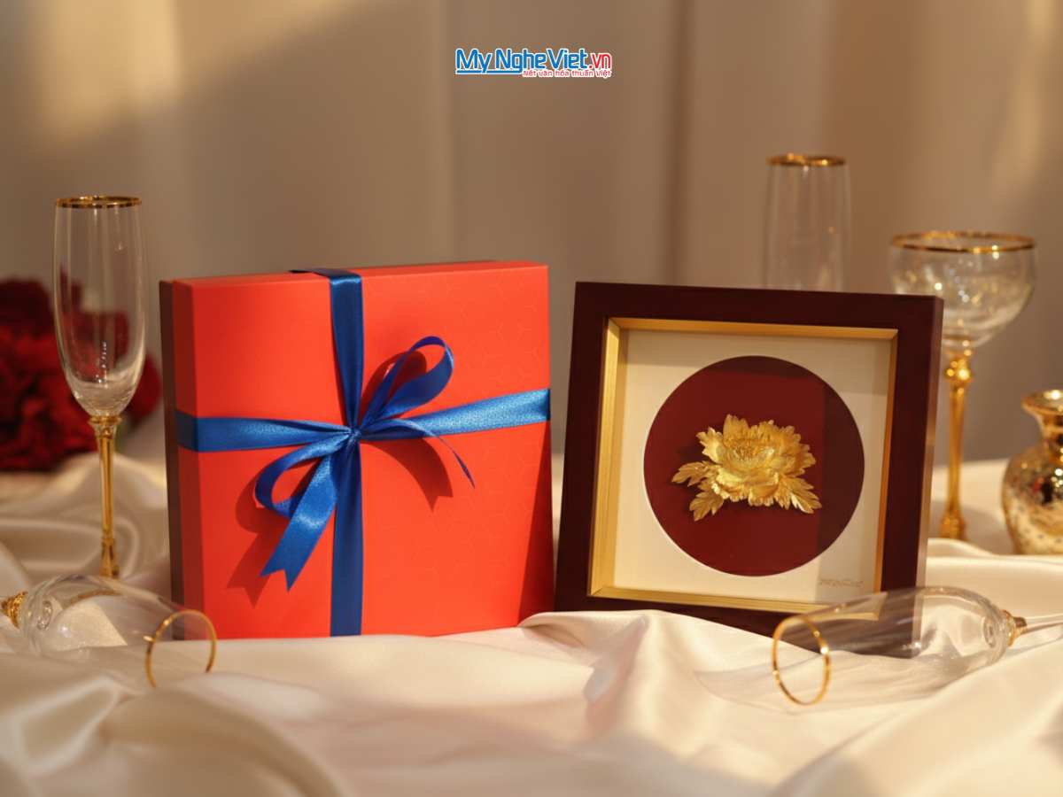 Tranh hoa mẫu đơn dát vàng để bàn 24k 20x20 + Hộp xilot đỏ - MNVHD04.5 - Ảnh 4