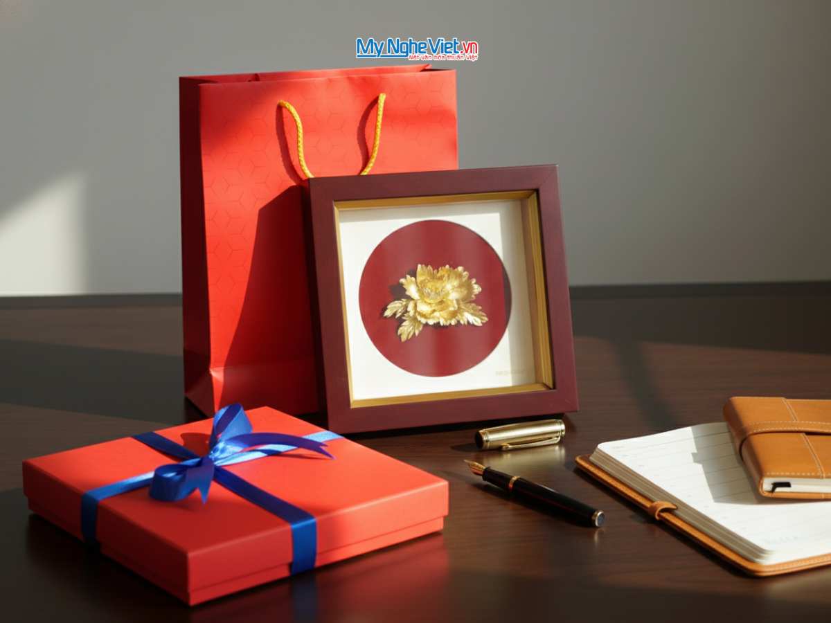Tranh hoa mẫu đơn dát vàng để bàn 24k 20x20 + Hộp xilot đỏ - MNVHD04.5 - Ảnh 3