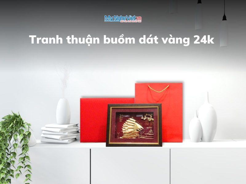 Tranh thuận buồm dát vàng để bàn 24k 26x33cm + Hộp xilot đỏ – MNVHD04.6 - Ảnh 2