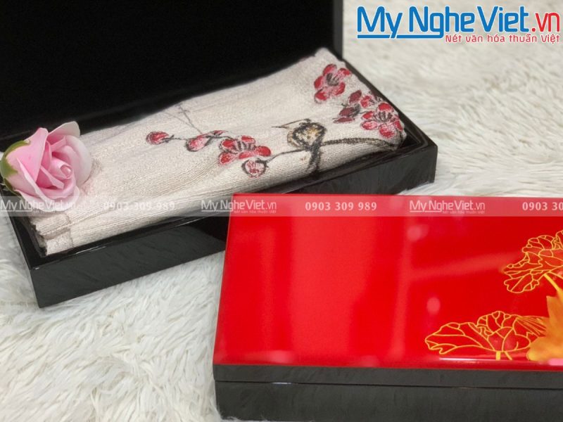 Combo Khăn Lụa Hà Đông + Hộp Sơn Mài Vẽ Sen Cao Cấp - Ảnh 5