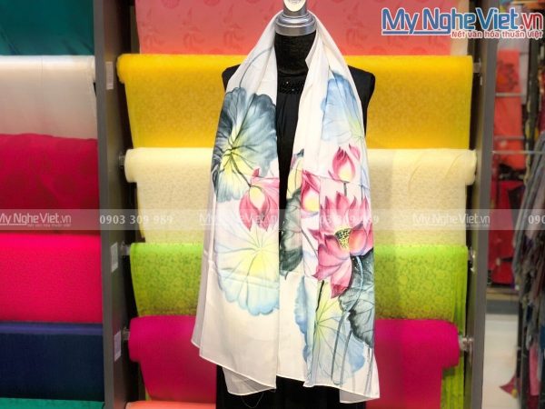Khăn Choàng Cổ Lụa Hà Đông Vẽ Sen Cao Cấp MNV-KLLS09-20