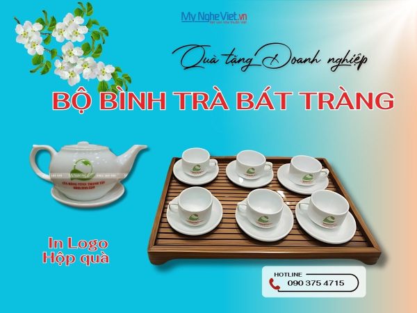 Bộ bình trà men trắng in logo 02 mặt CỬA HÀNG VTNN THANH TÂN