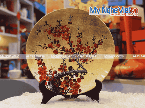 Tranh Đĩa Hoa Đào Dán Vàng D35 MNV-TD351