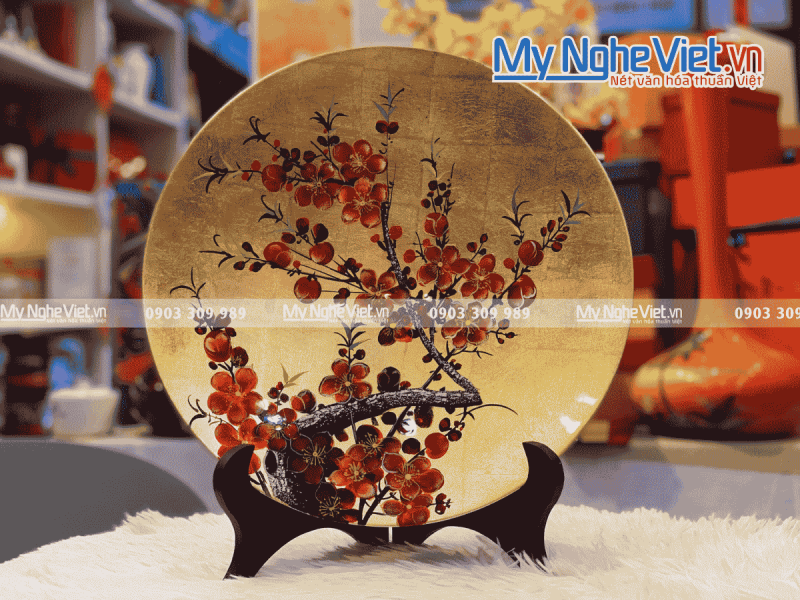 Tranh Đĩa Hoa Đào Dán Vàng D35 MNV-TD351