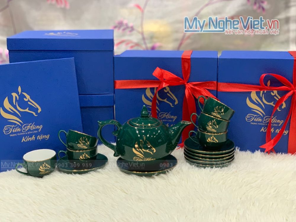 Bộ bình trà (ấm chén) men xanh cổ vịt in logo Tiến Hùng HDTH01