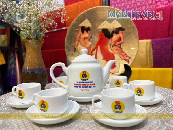 Bộ bình trà (ấm chén) dáng tiệp in logo Đại Hội Công Đoàn cơ sở MNV-HĐ02-DL