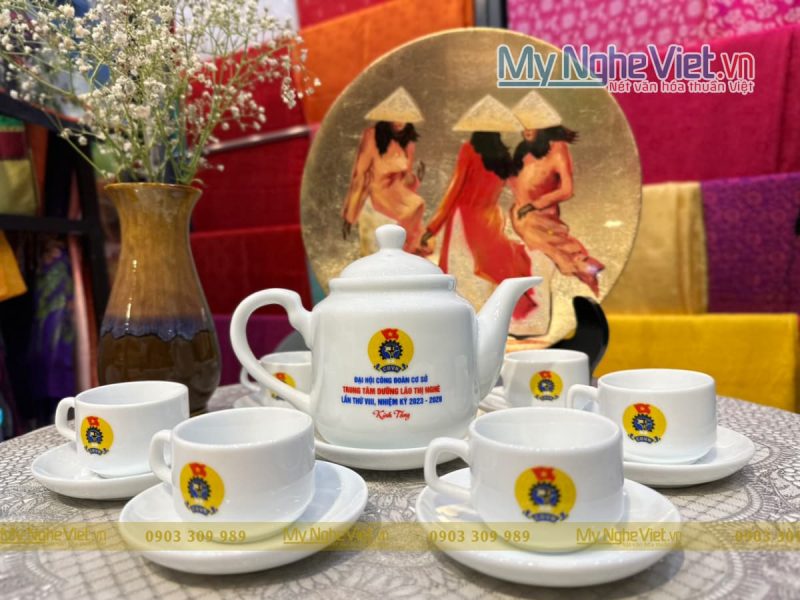 Bộ bình trà (ấm chén) dáng tiệp in logo Đại Hội Công Đoàn cơ sở MNV-HĐ02-DL