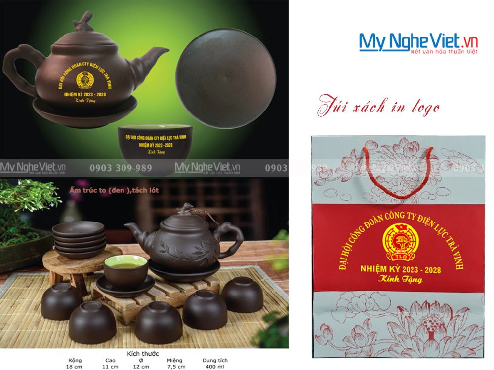 Bộ bình trà (ấm chén) tử sa in logo Điện Lực Trà Vinh