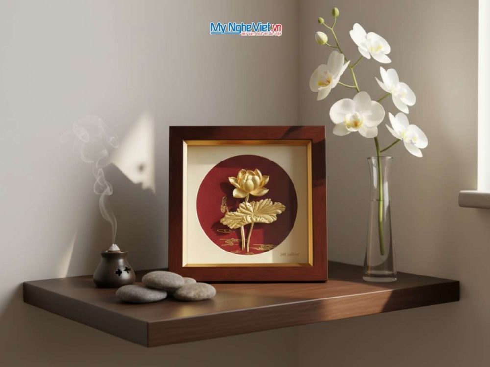 Tranh Đồng Hoa Sen Mạ Vàng 24K Nền Đỏ – Món Quà Tinh Tế Và Ý Nghĩa MNVHD04.1