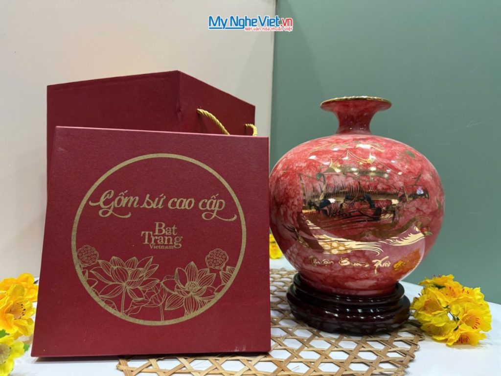 Bình Thu Tài Lộc Gốm men vân đá (đỏ) thuận buồm