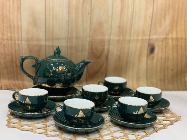 Bộ bình trà dáng bưởi- ngọn đuốc vẽ sen cổ vịt- viền vàng kim