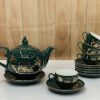 Bộ bình trà dáng bưởi- ngọn đuốc vẽ đồng quê xanh cổ vịt- viền vàng kim